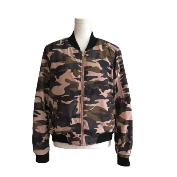 Miss London Pink Olive Black Quilted Camouflage Bomber Jacket Coat Size Large - Picture 1 of 13